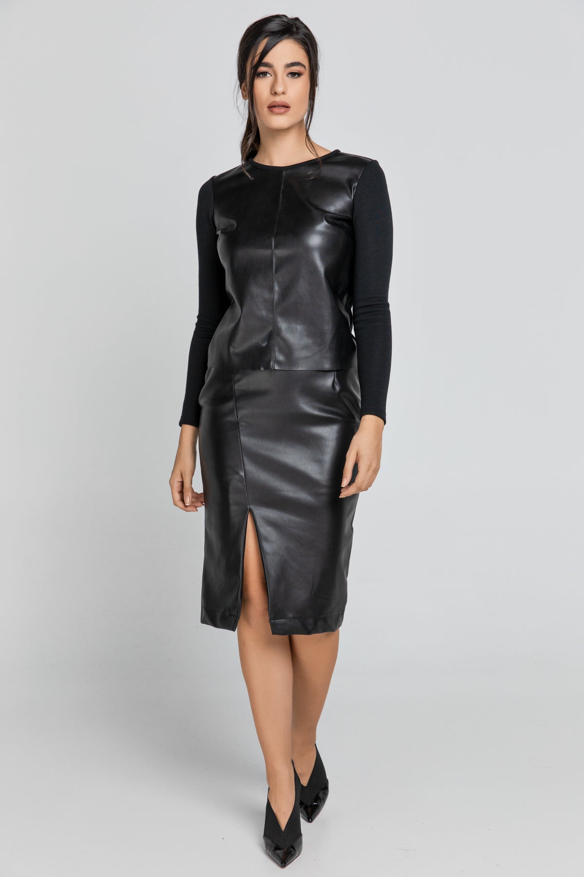 Black Faux Leather Pencil Skirt By Conquista Fashion-Conquista-S-Urbanheer