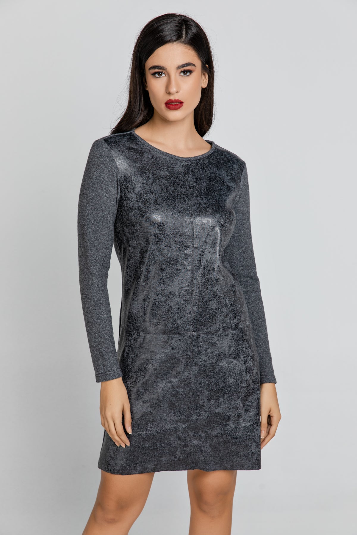 Dark Grey Dress With Faux Leather Front-Conquista-S-Urbanheer