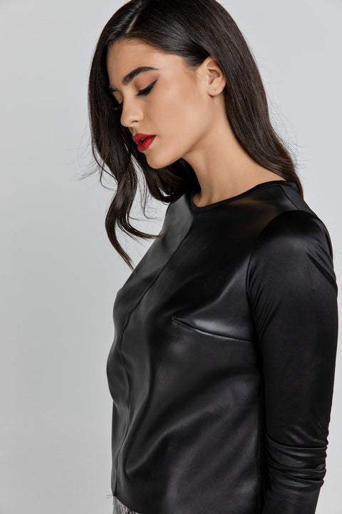 Black Stretch Top With Leather Front-Tops-Conquista-M-Urbanheer