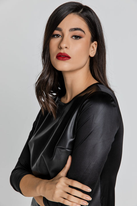 Black Stretch Top With Leather Front-Tops-Conquista-M-Urbanheer
