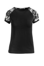 Black Top With Net Jacquard Sleeves In Stretch Jersey Sustainable Fabric-Tops-Conquista-M-Urbanheer
