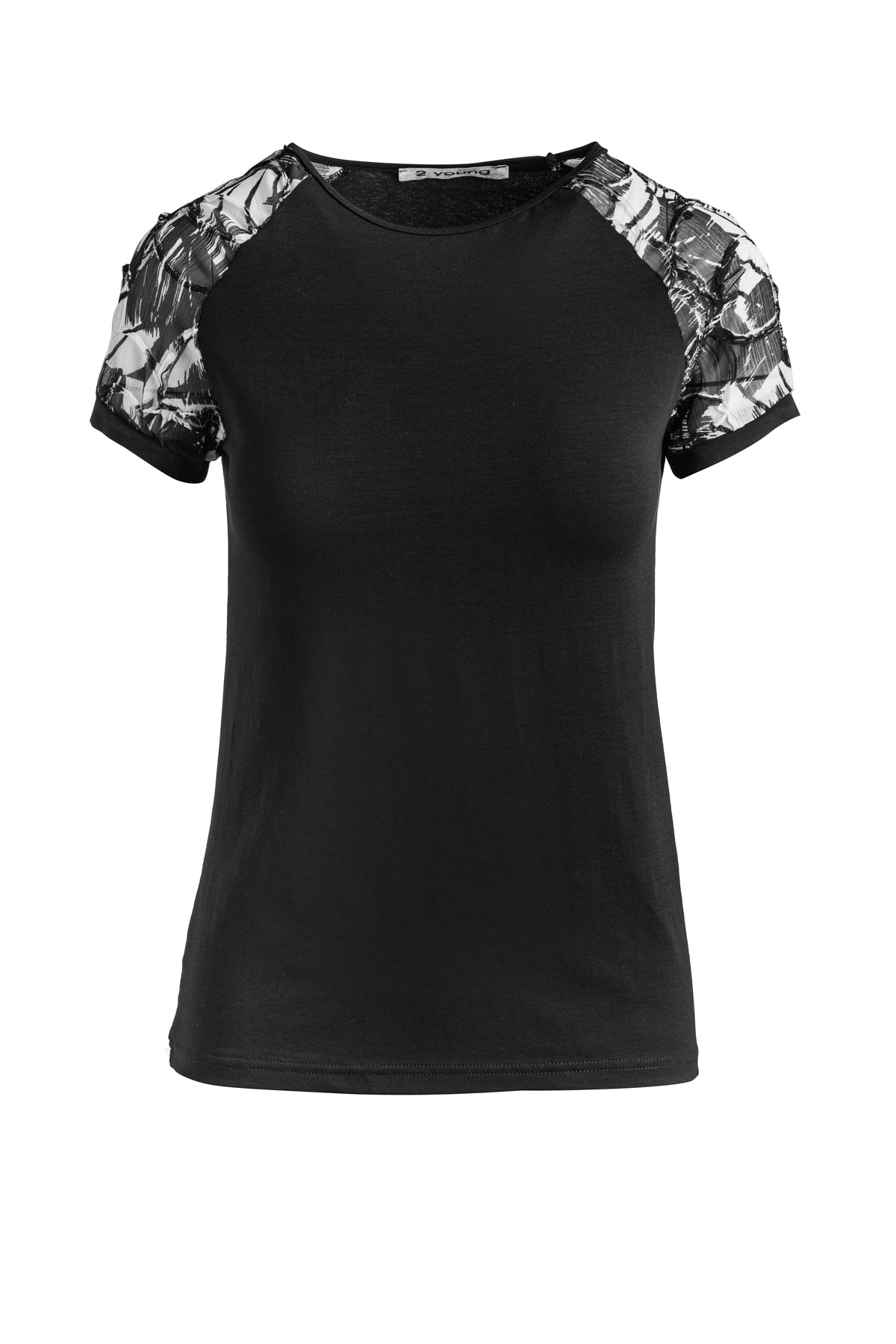 Black Top With Net Jacquard Sleeves In Stretch Jersey Sustainable Fabric-Tops-Conquista-M-Urbanheer