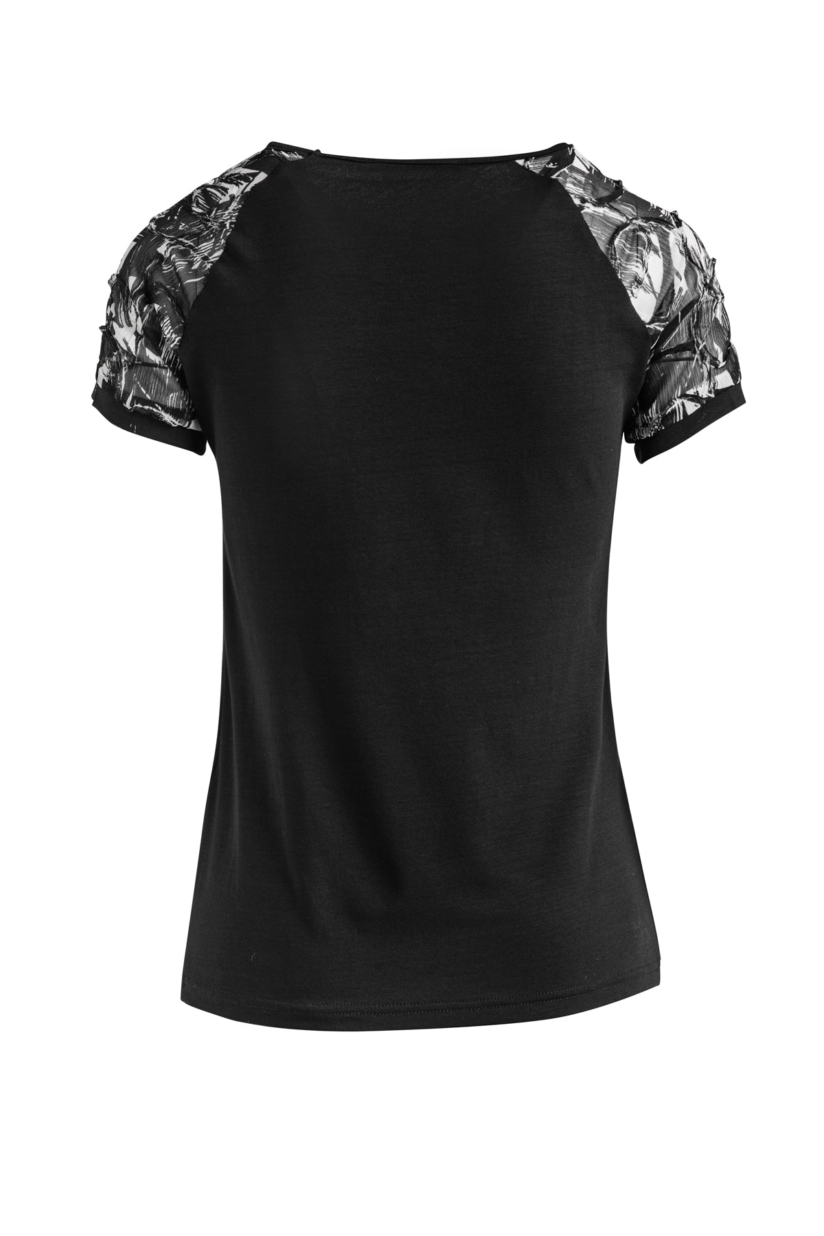 Black Top With Net Jacquard Sleeves In Stretch Jersey Sustainable Fabric-Tops-Conquista-M-Urbanheer