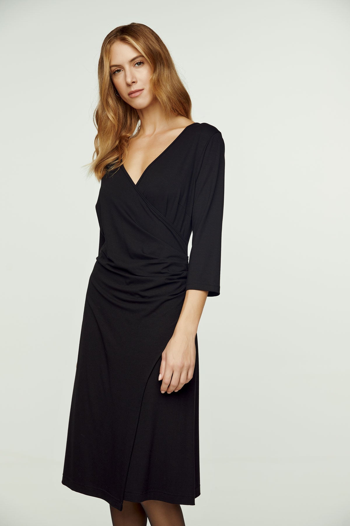 Black Faux Wrap Dress in Sustainable Fabric-Conquista-36-Urbanheer