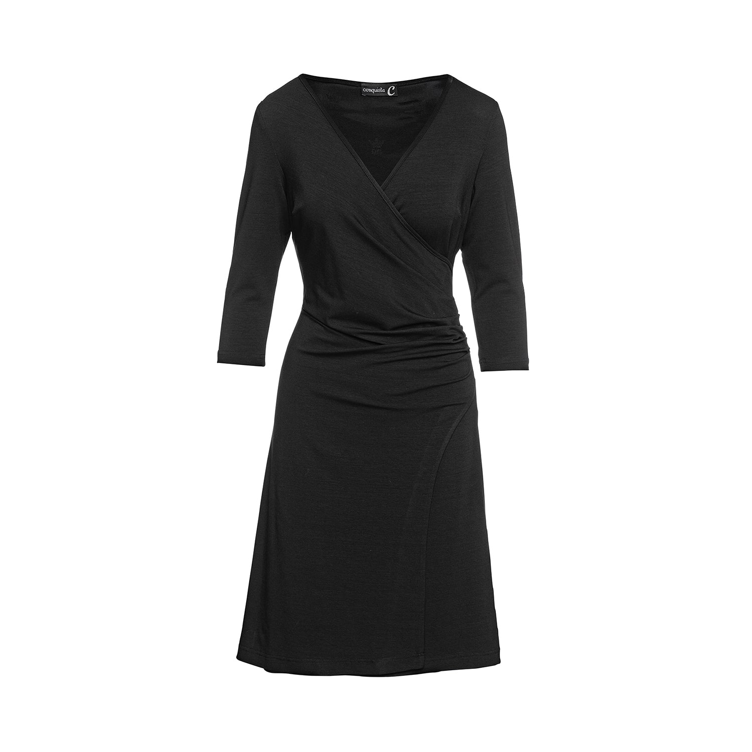 Black Faux Wrap Dress in Sustainable Fabric-Conquista-36-Urbanheer