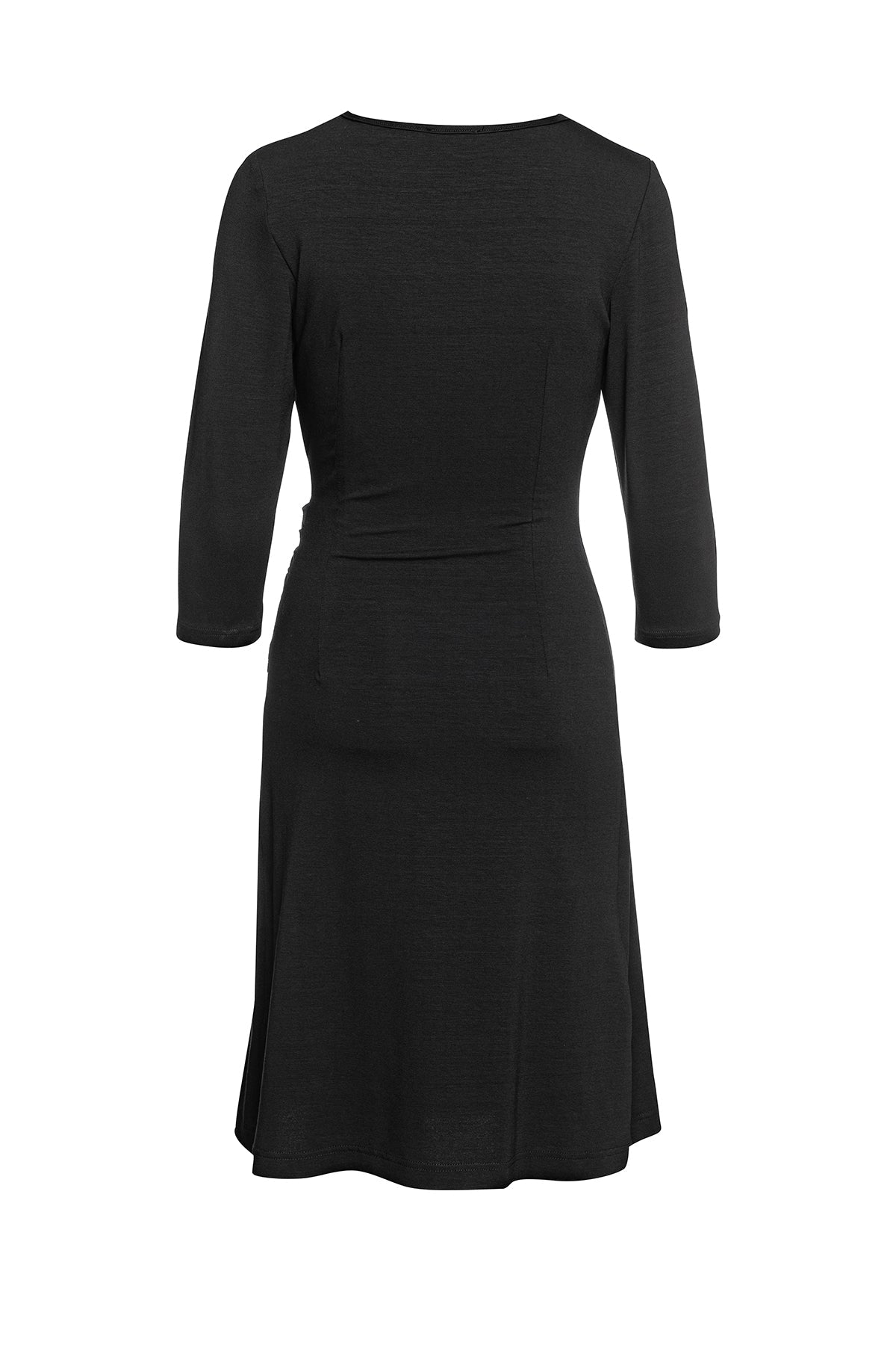 Black Faux Wrap Dress in Sustainable Fabric-Conquista-36-Urbanheer