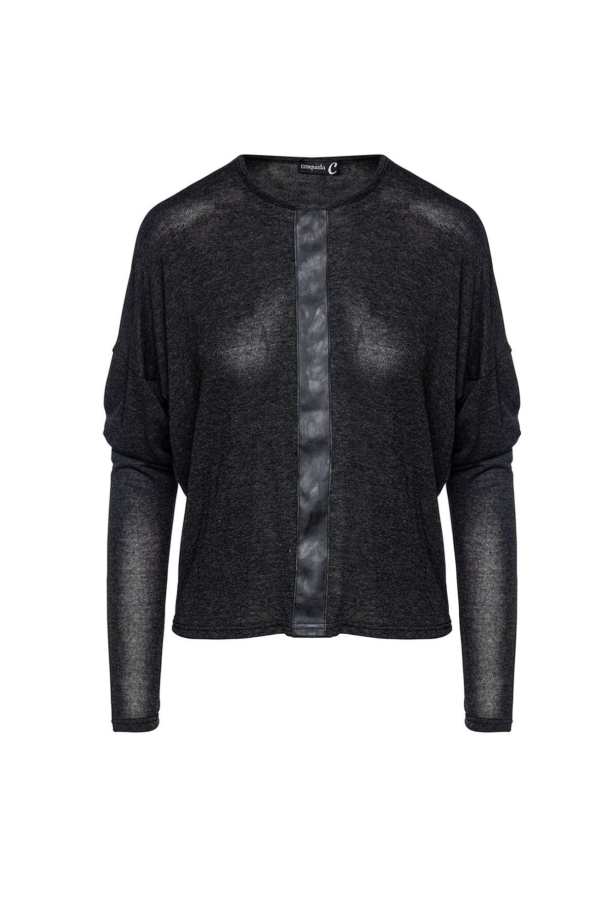 Dark Grey Batwing Top with Faux Leather Detail-Conquista-S-Urbanheer