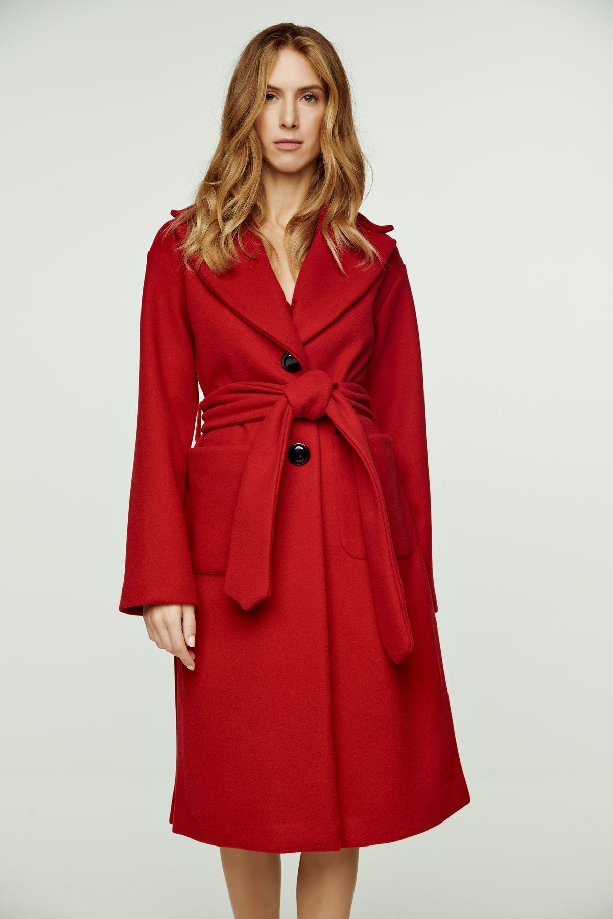 Long Dark Red Faux Mouflon Coat With Belt-Conquista-S-Urbanheer