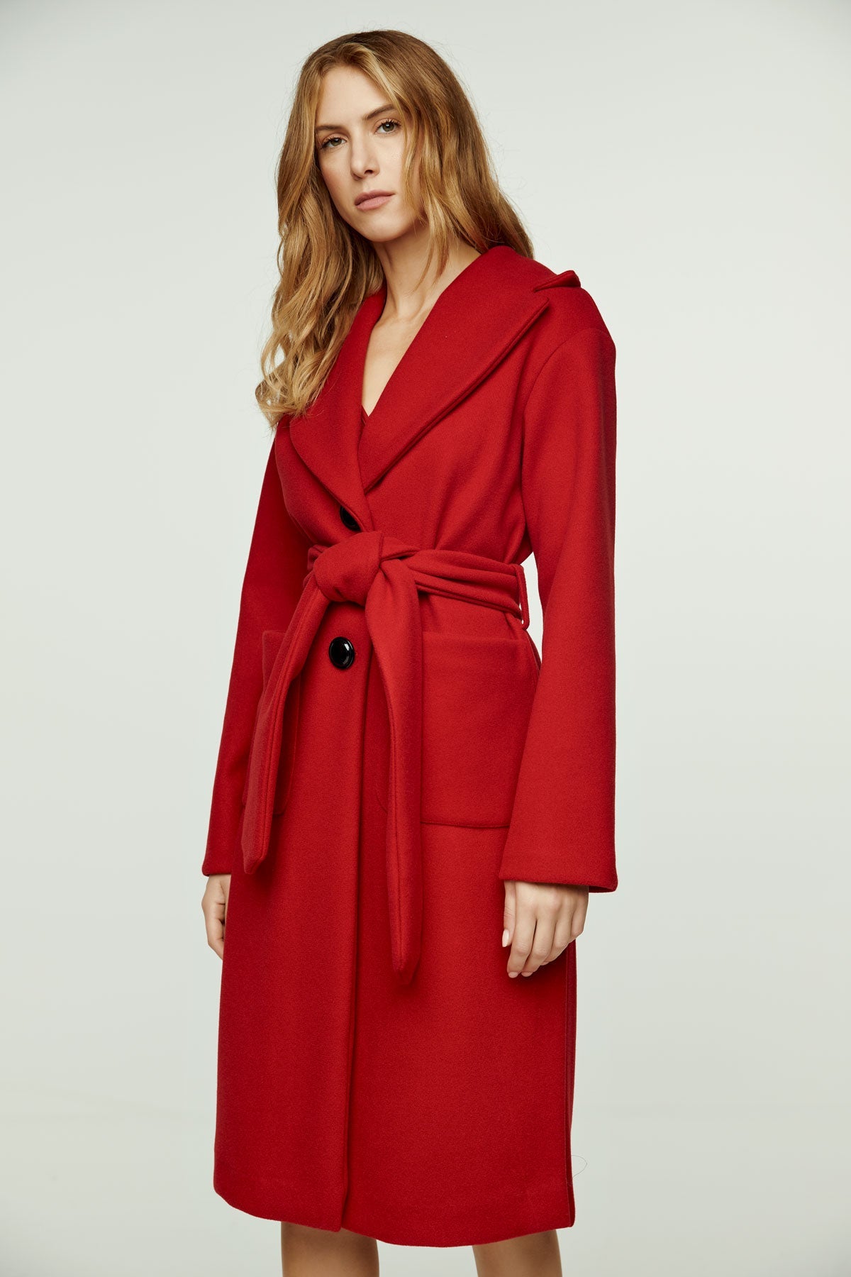 Long Dark Red Faux Mouflon Coat With Belt-Conquista-S-Urbanheer