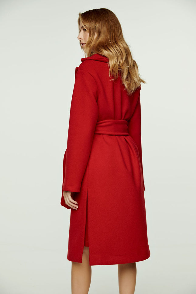 Long Dark Red Faux Mouflon Coat With Belt-Conquista-Urbanheer
