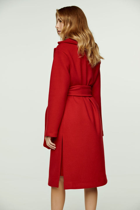 Long Dark Red Faux Mouflon Coat With Belt-Conquista-S-Urbanheer