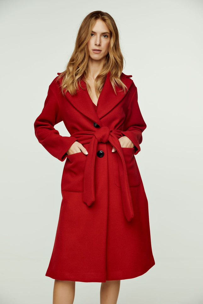 Long Dark Red Faux Mouflon Coat With Belt-Conquista-Urbanheer