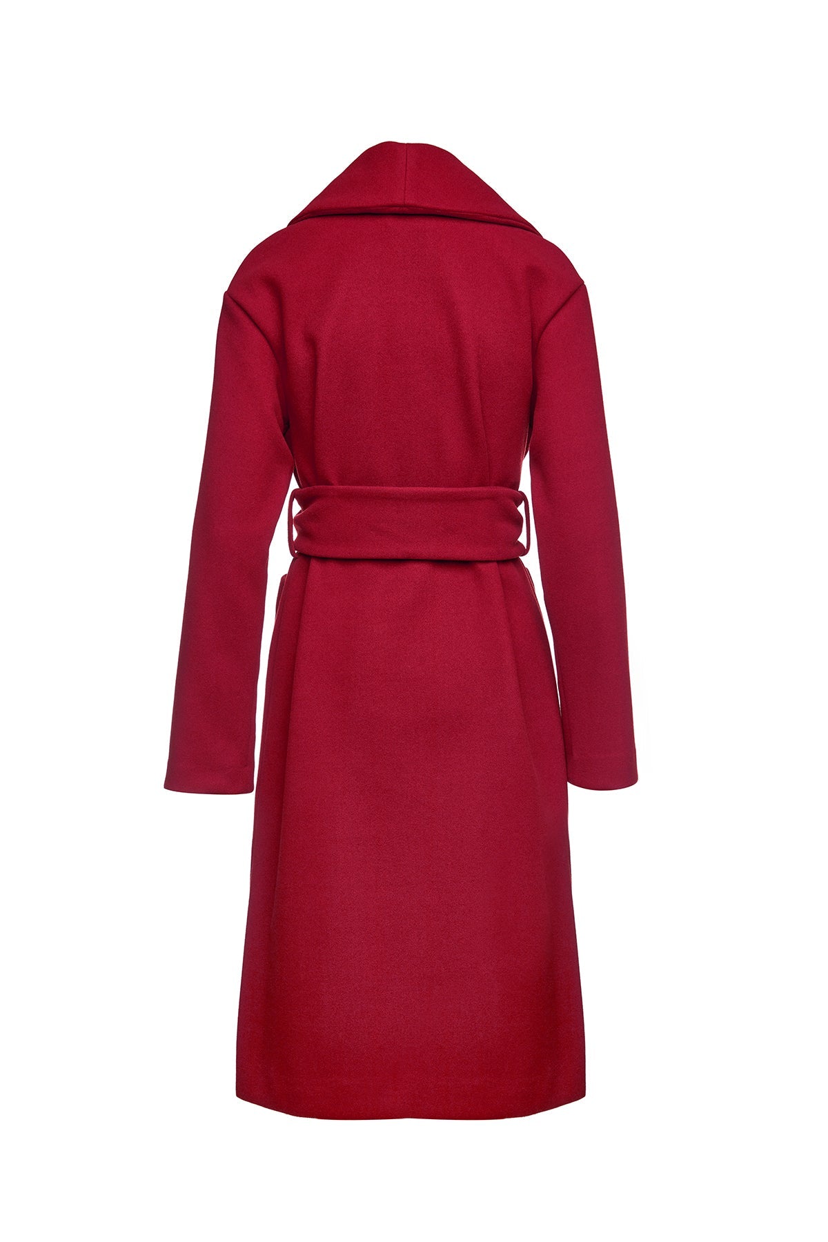 Long Dark Red Faux Mouflon Coat With Belt-Conquista-S-Urbanheer