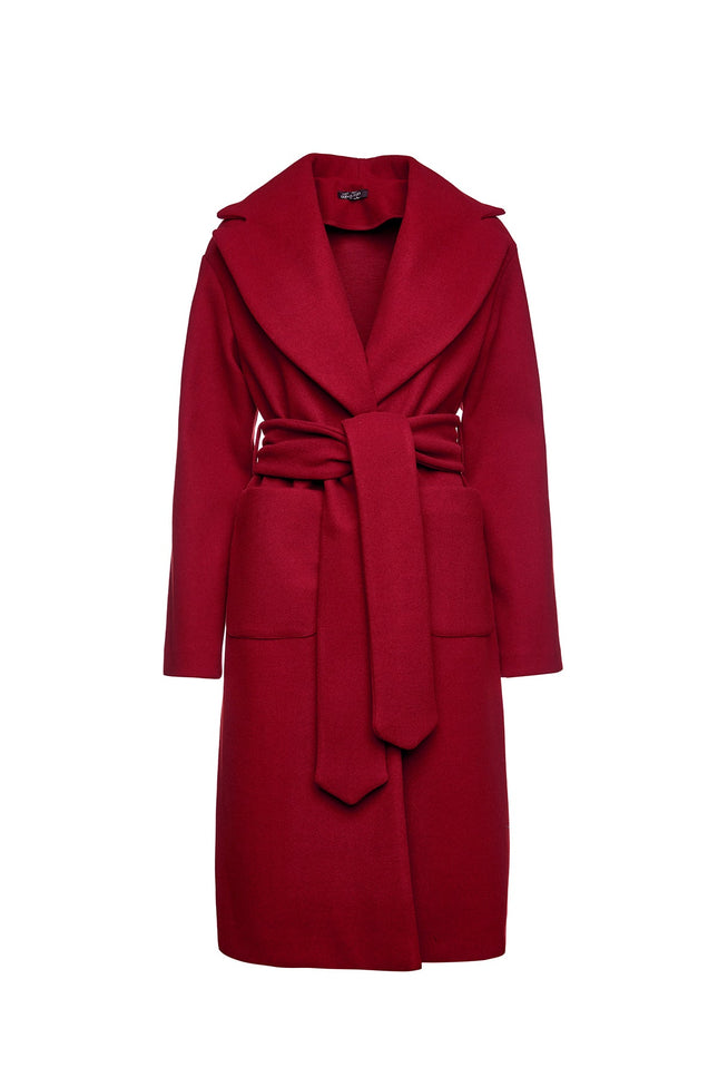 Long Dark Red Faux Mouflon Coat With Belt-Conquista-S-Urbanheer