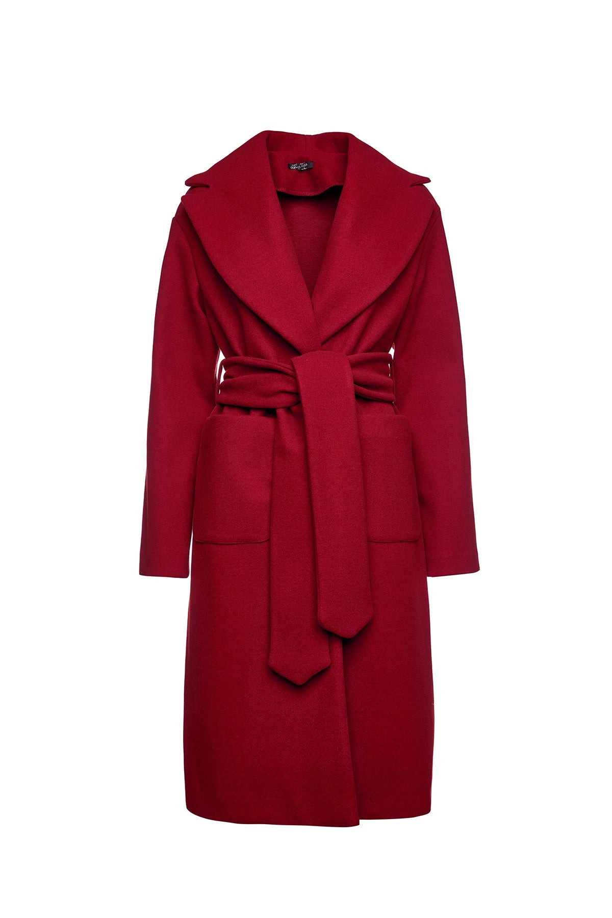 Long Dark Red Faux Mouflon Coat With Belt-Conquista-S-Urbanheer
