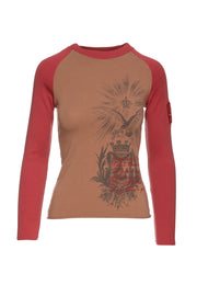 Beige & Dark Red Print Top With Embroidery Detail-Tops-CONQUISTA-XS-Urbanheer