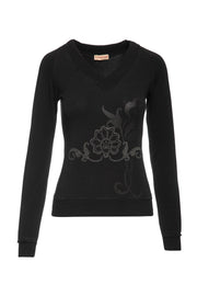 Black Long Sleeve Top with a Silver & Black Print-Conquista-XS-Urbanheer