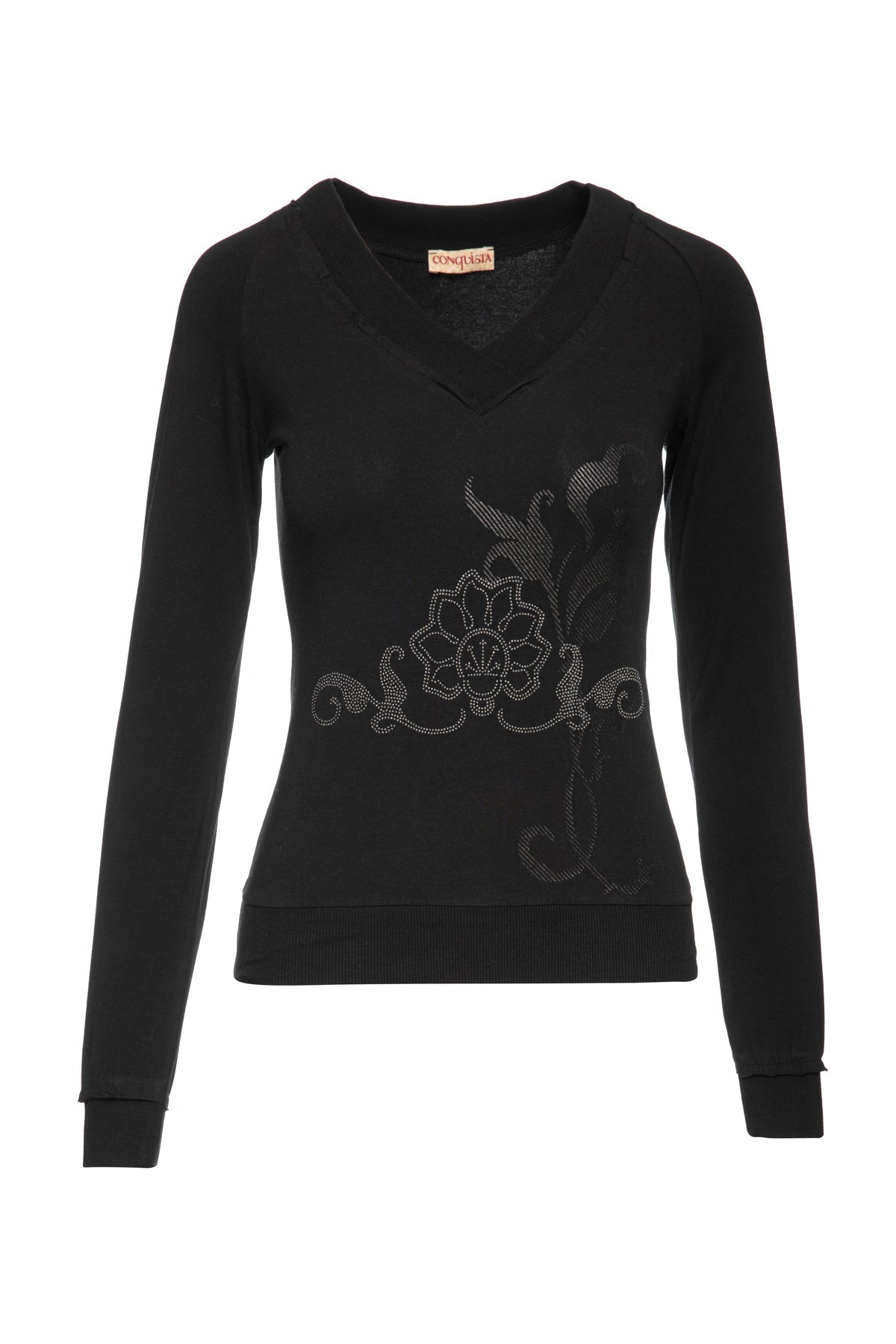 Black Long Sleeve Top with a Silver & Black Print-Conquista-XS-Urbanheer