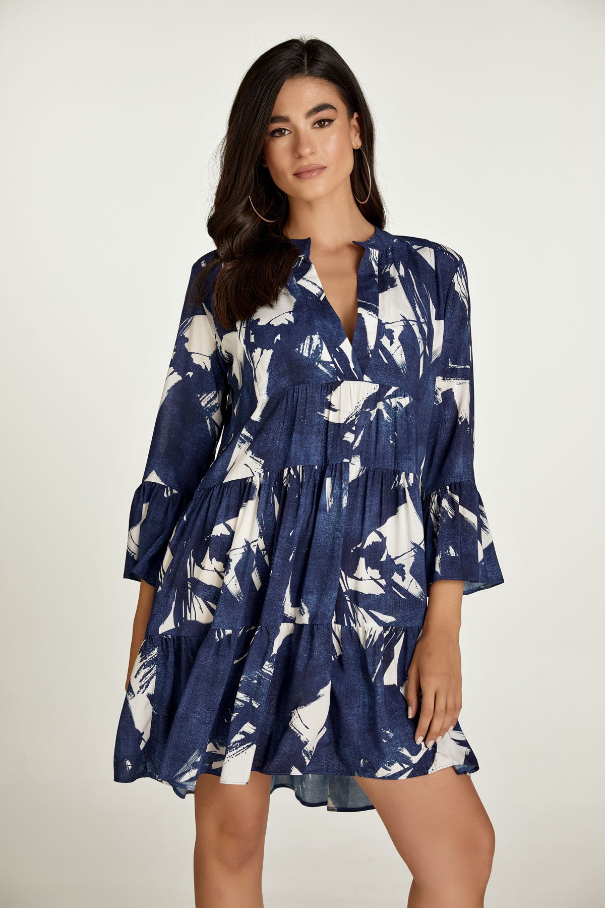 Navy and White A Line Dress with Bell Sleeves-Conquista-S-Urbanheer