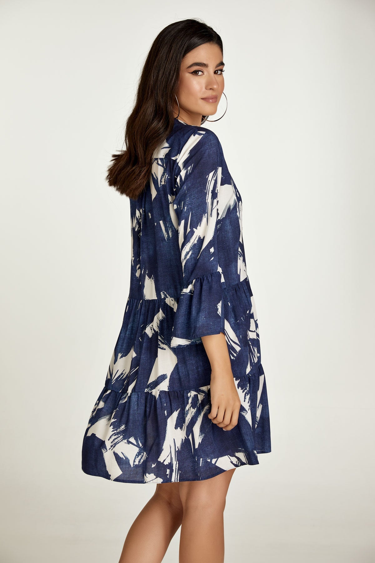 Navy and White A Line Dress with Bell Sleeves-Conquista-S-Urbanheer