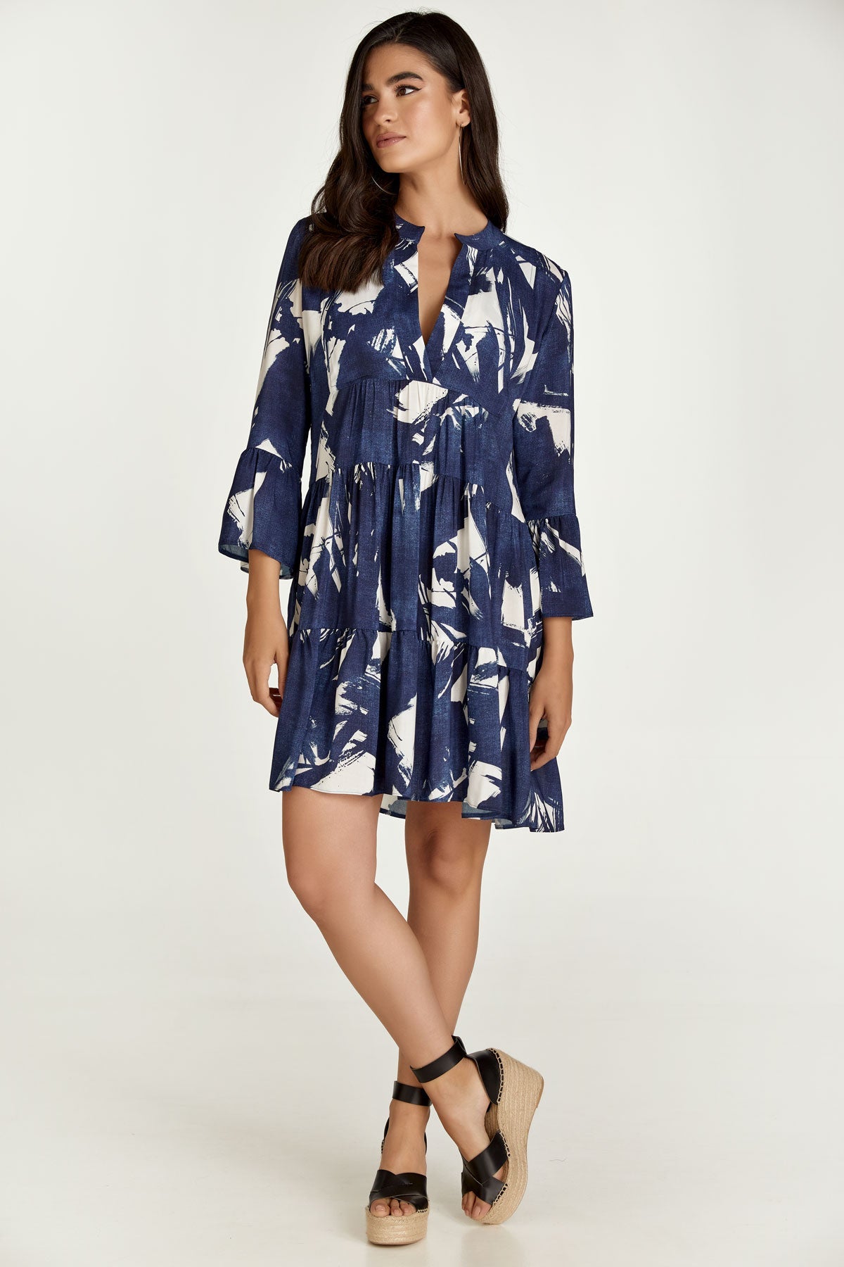Navy and White A Line Dress with Bell Sleeves-Conquista-S-Urbanheer