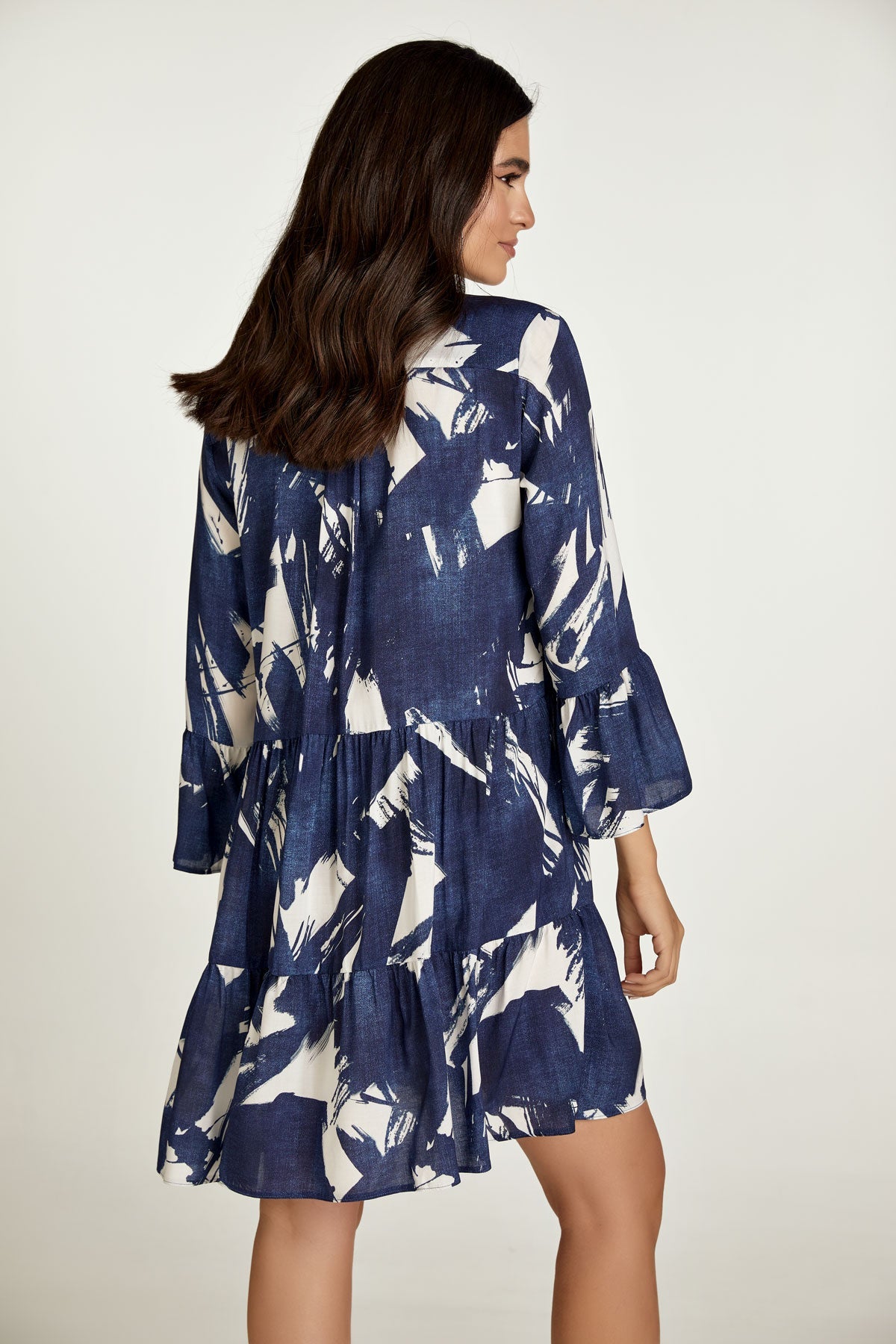 Navy and White A Line Dress with Bell Sleeves-Conquista-S-Urbanheer