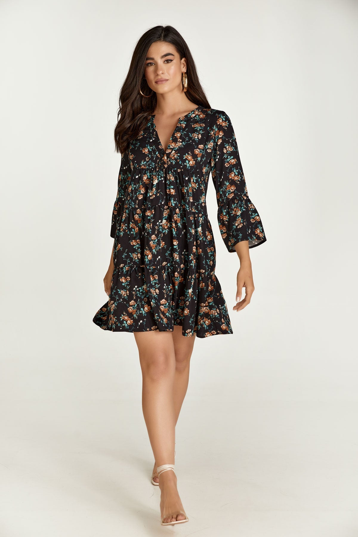 Black Floral A Line Dress With Bell Sleeves-Conquista-S-Urbanheer