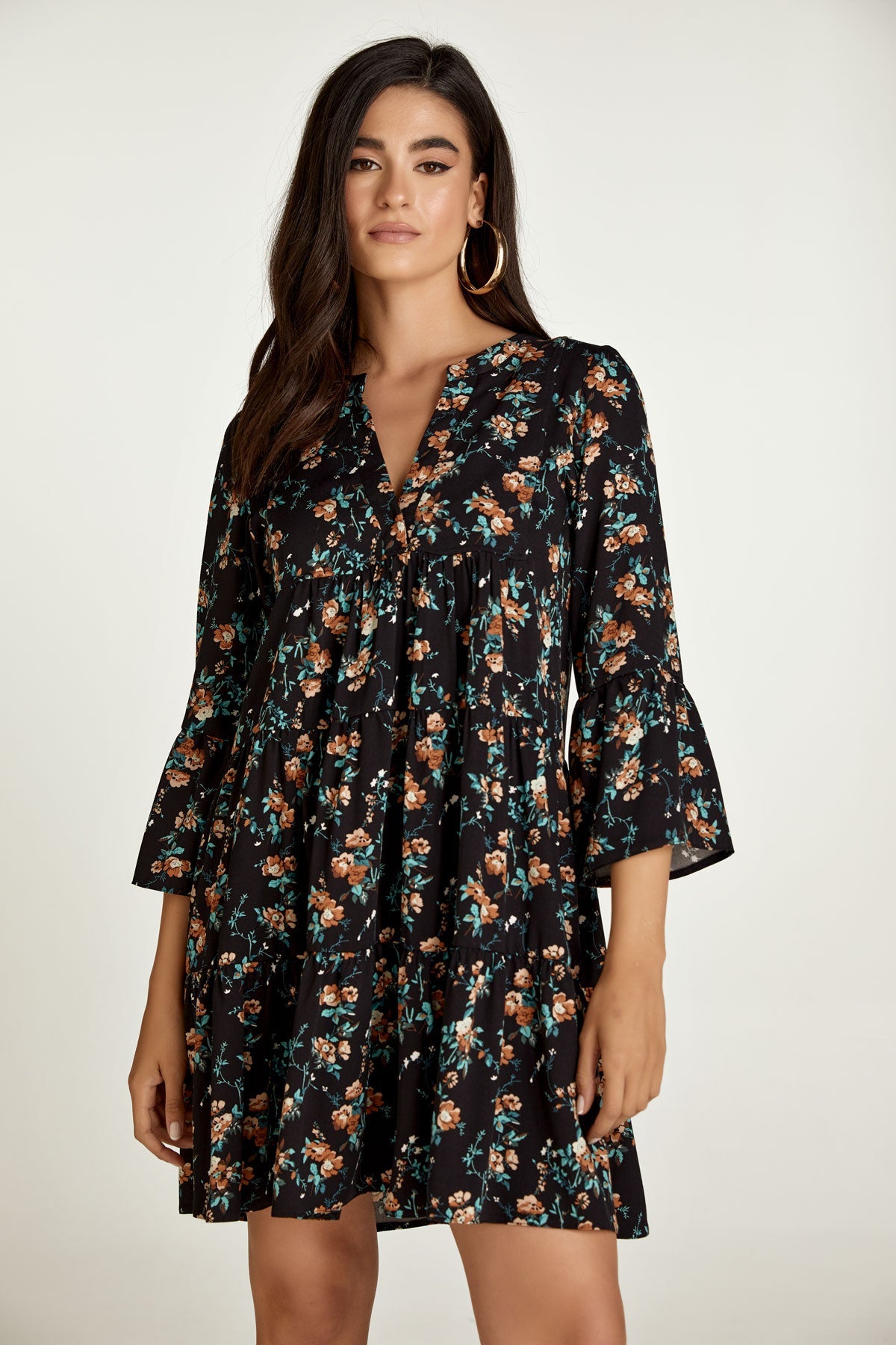 Black Floral A Line Dress With Bell Sleeves-Conquista-S-Urbanheer