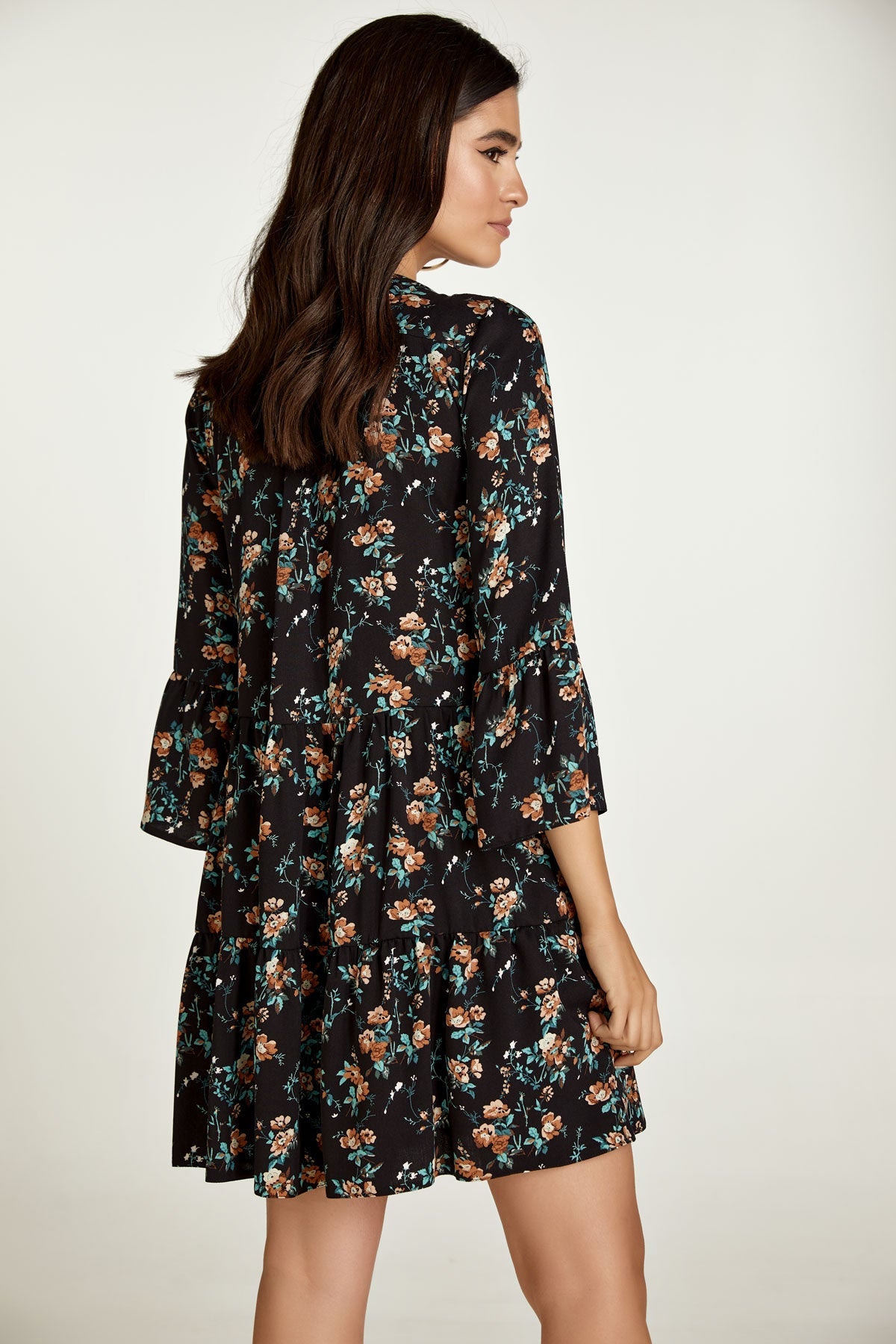 Black Floral A Line Dress With Bell Sleeves-Conquista-S-Urbanheer