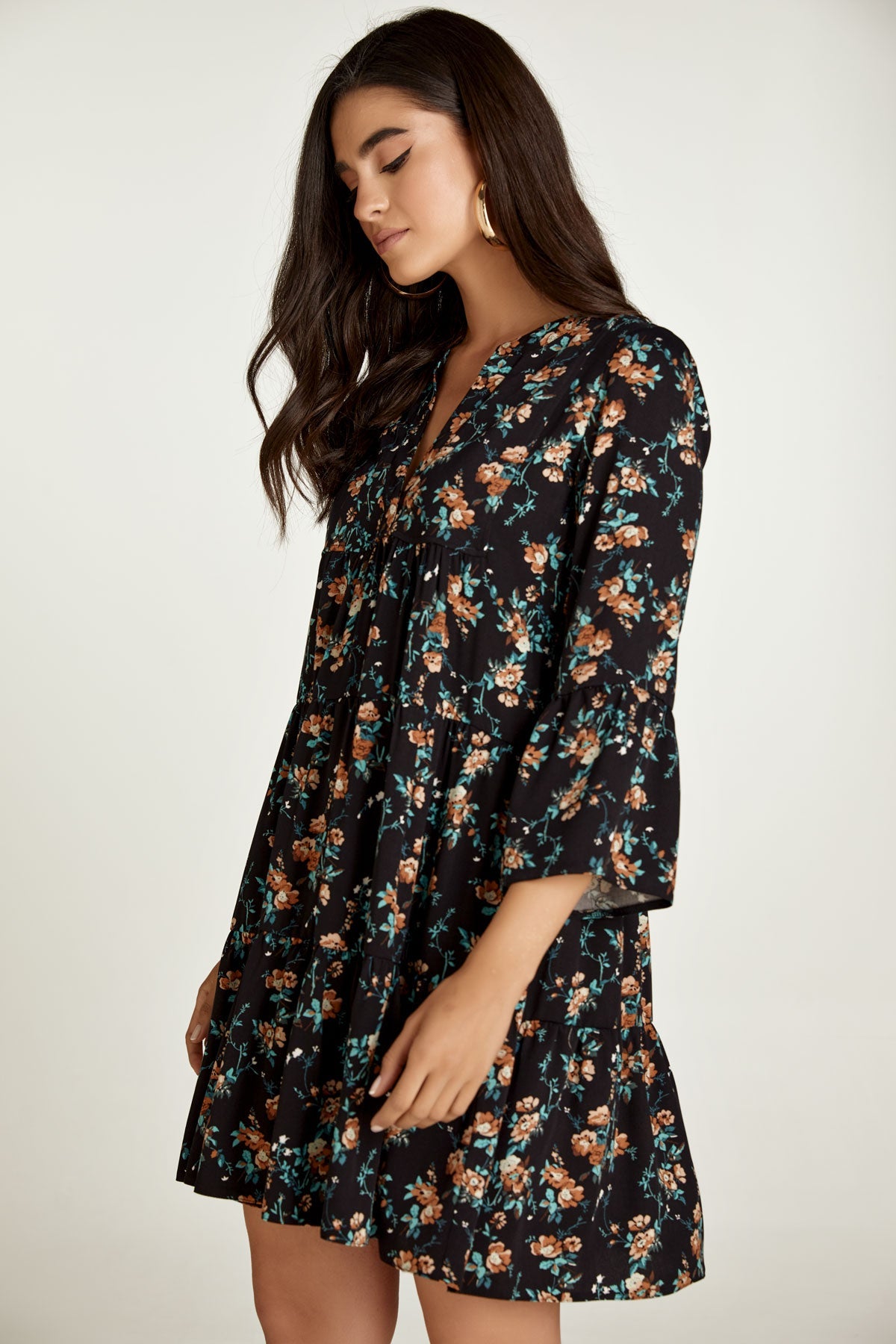 Black Floral A Line Dress With Bell Sleeves-Conquista-S-Urbanheer