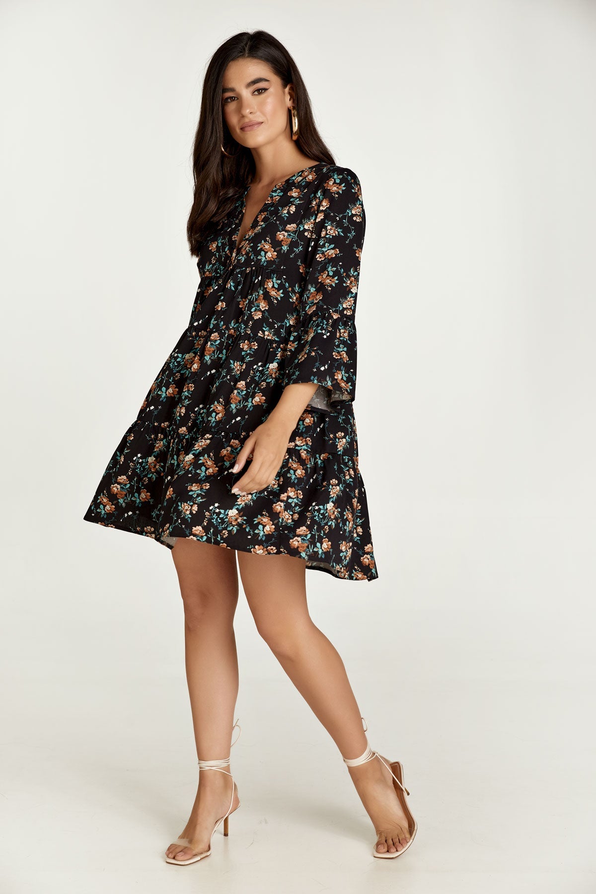 Black Floral A Line Dress With Bell Sleeves-Conquista-S-Urbanheer