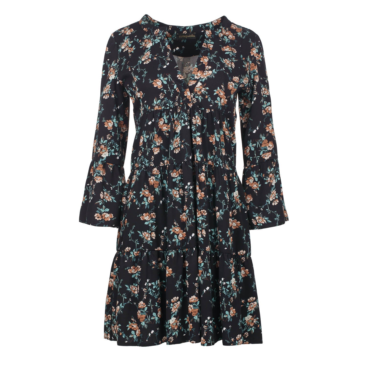Black Floral A Line Dress With Bell Sleeves-Conquista-S-Urbanheer