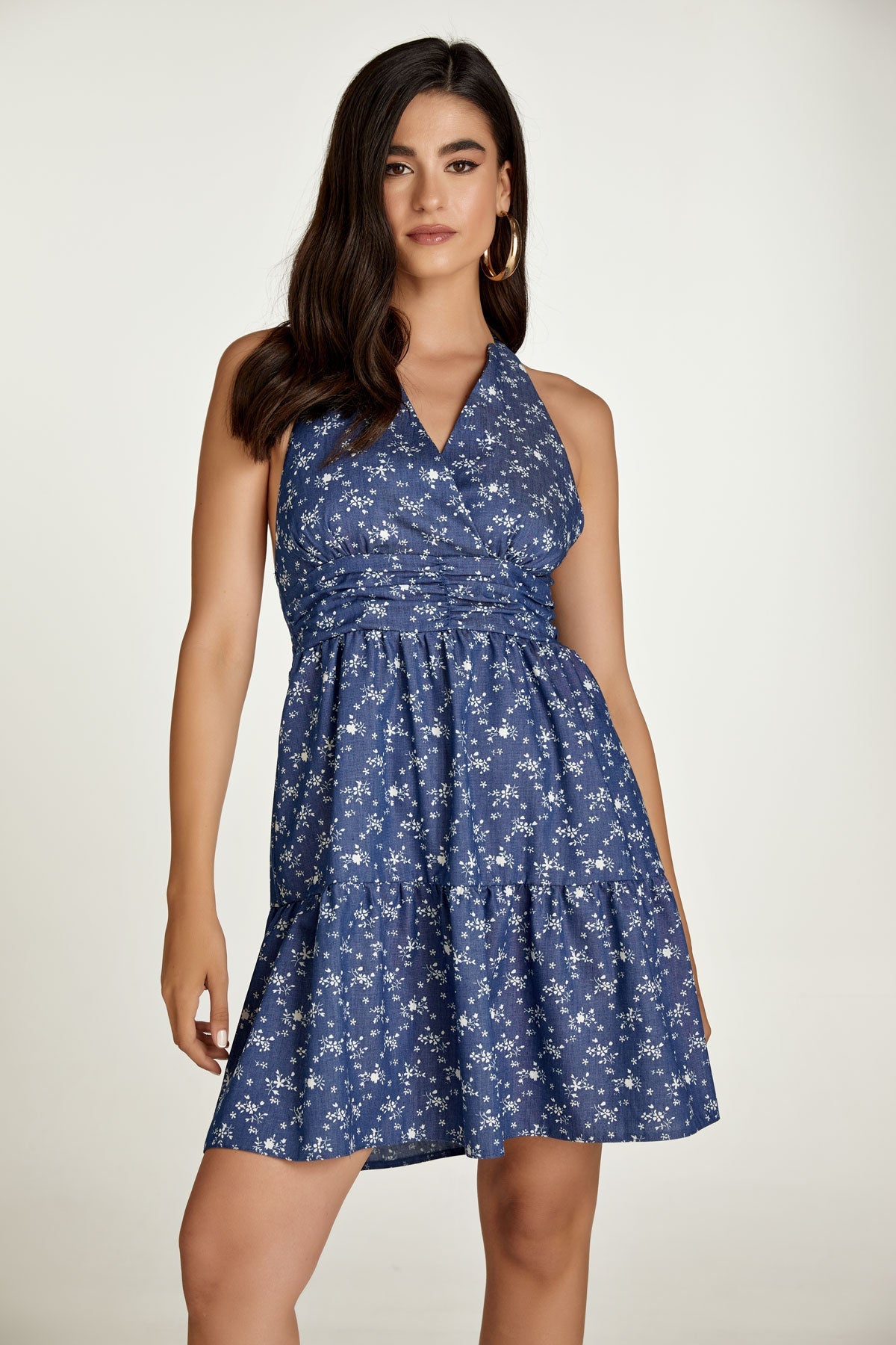 Indigo Floral Empire Line Mini Dress-Conquista-S-Urbanheer