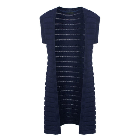 Sleeveless Mid-Length Jacquard Stripe Knit Open Cardigan-0
