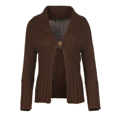 Brown Fitted Knit Cardigan with One Button Fastening-0