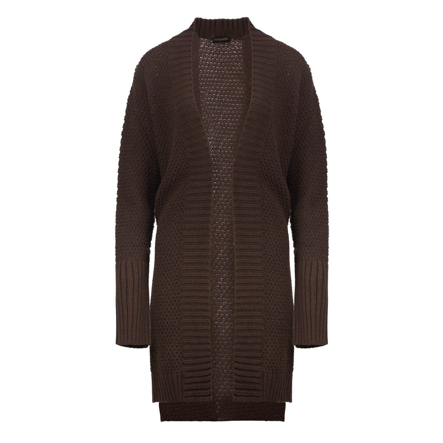 Under The Knee Length Open Front Brown Knit Cardigan-Conquista-M-50%wool-50%acryl-Urbanheer