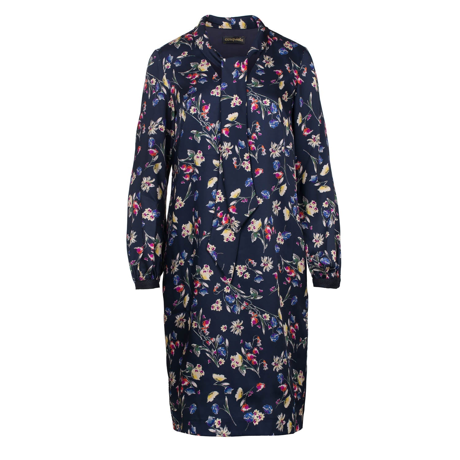 Floral Print Long Sleeve Dress with Tie Collar-Conquista-42-100%viscose-Urbanheer