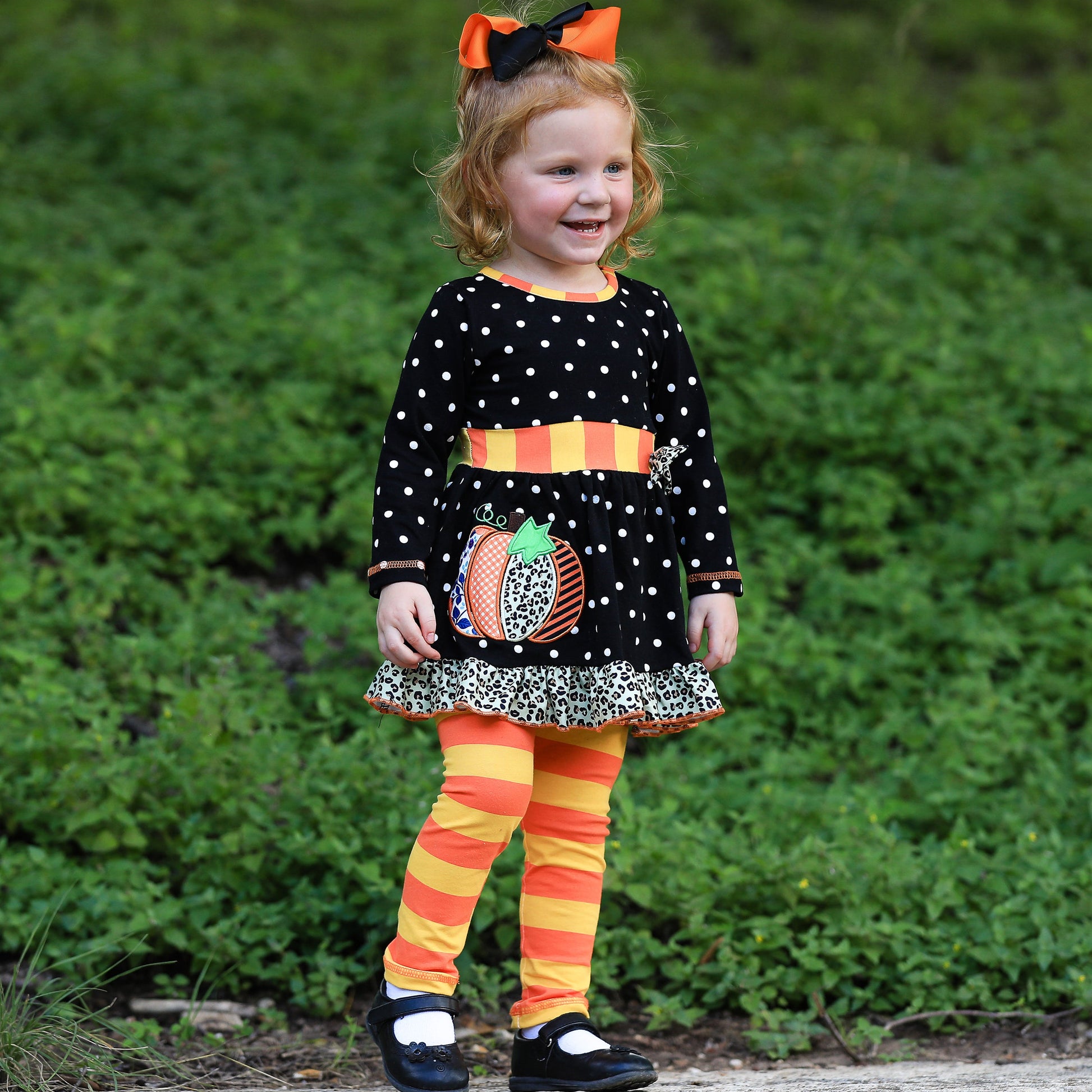 AnnLoren Girls Autumn Black Polka Dot Orange Pumpkin Dress & Leggings Outfit-AnnLoren-2-3T-Urbanheer