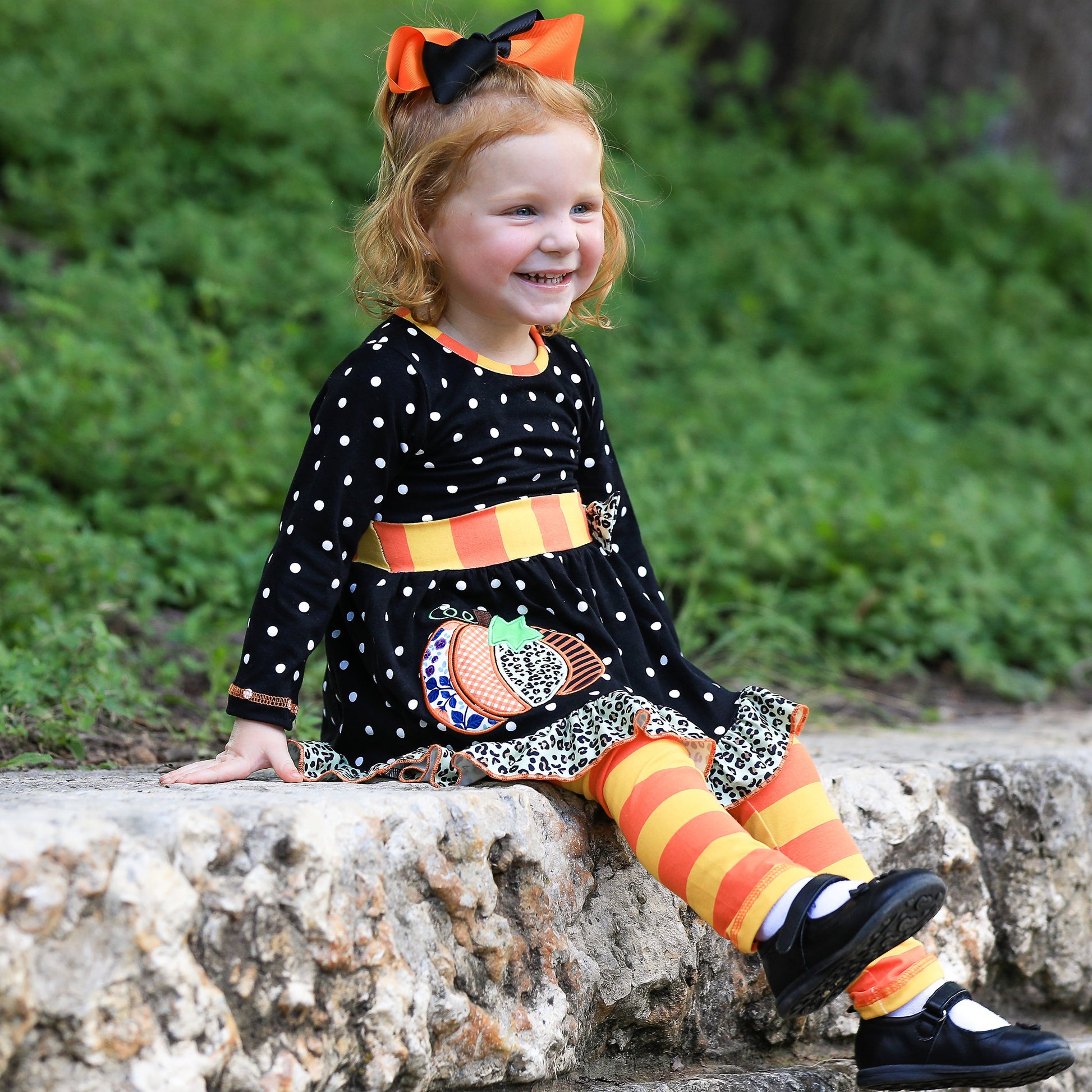 AnnLoren Girls Autumn Black Polka Dot Orange Pumpkin Dress & Leggings Outfit-AnnLoren-2-3T-Urbanheer