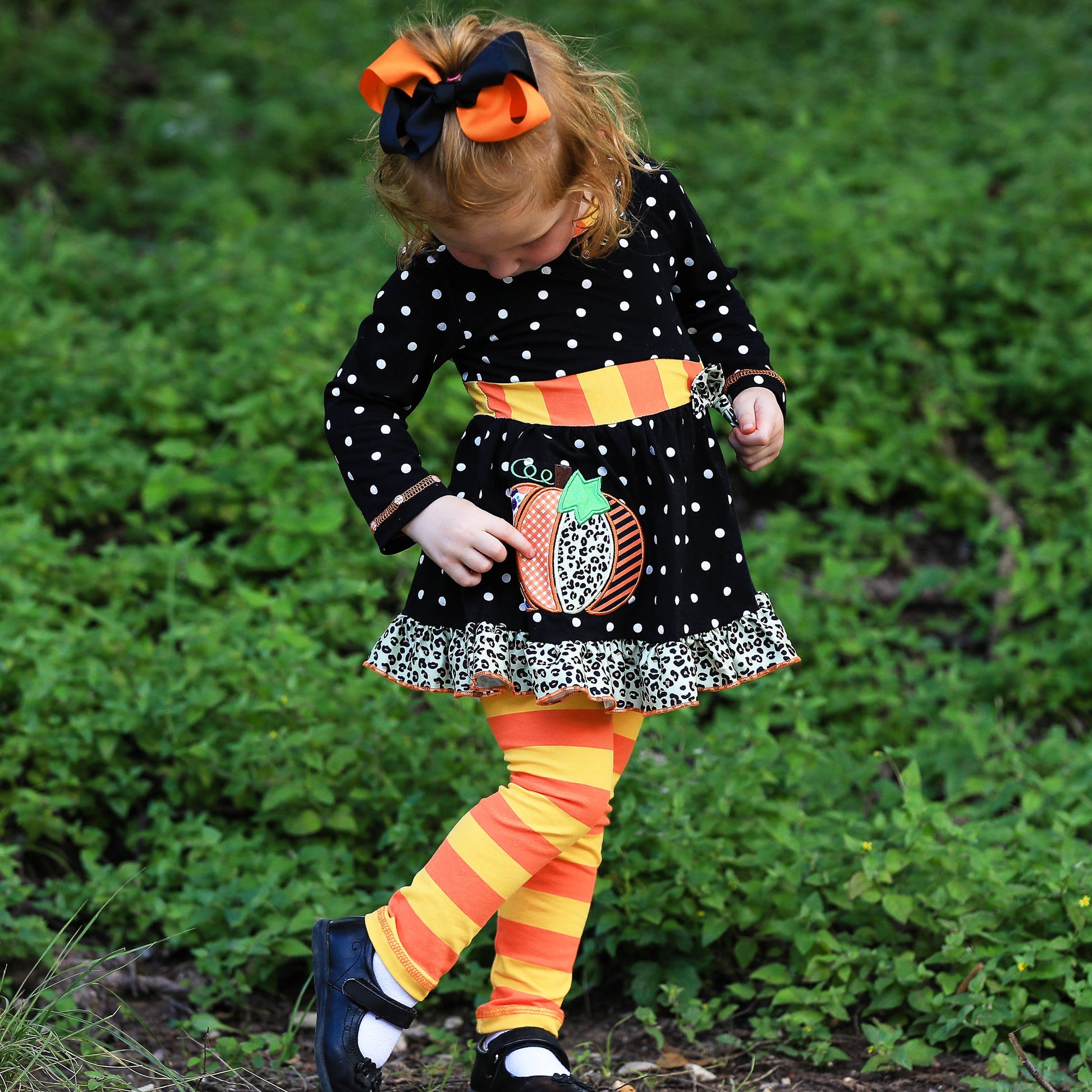 AnnLoren Girls Autumn Black Polka Dot Orange Pumpkin Dress & Leggings Outfit-AnnLoren-2-3T-Urbanheer