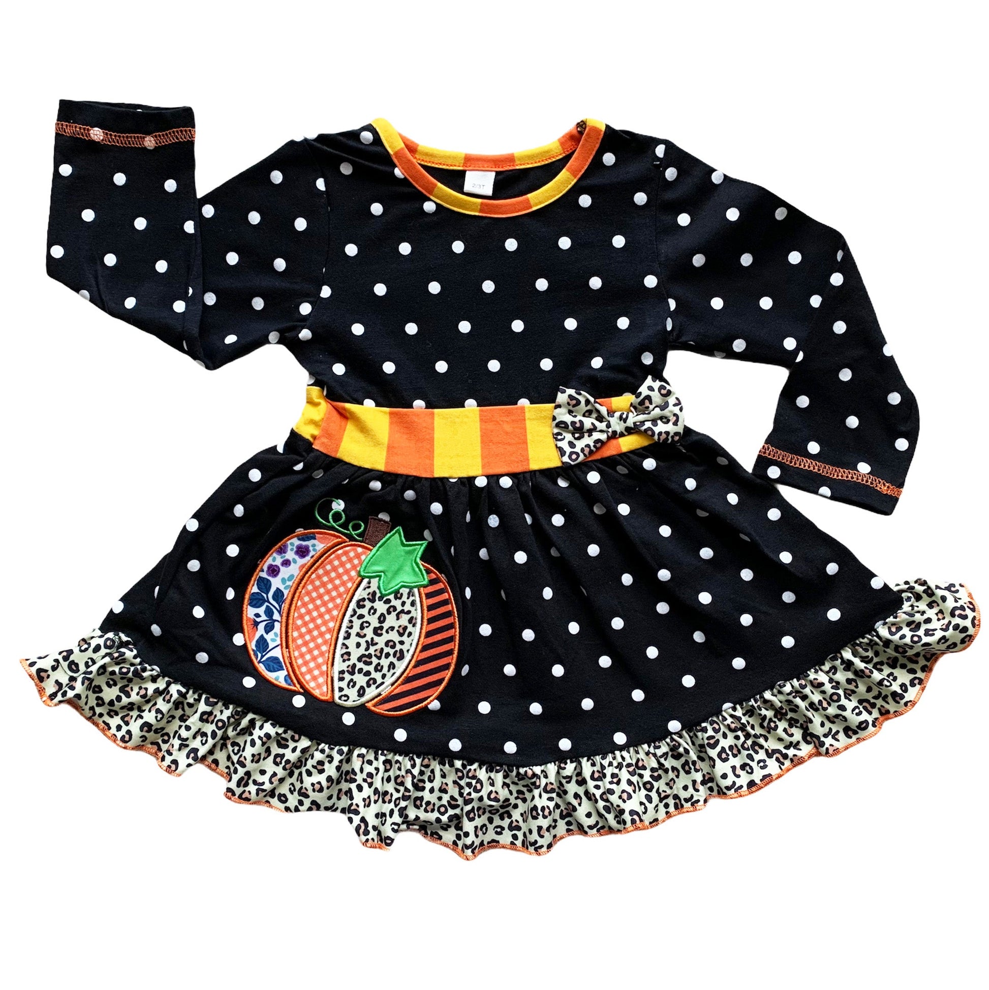 AnnLoren Girls Autumn Black Polka Dot Orange Pumpkin Dress & Leggings Outfit-AnnLoren-2-3T-Urbanheer