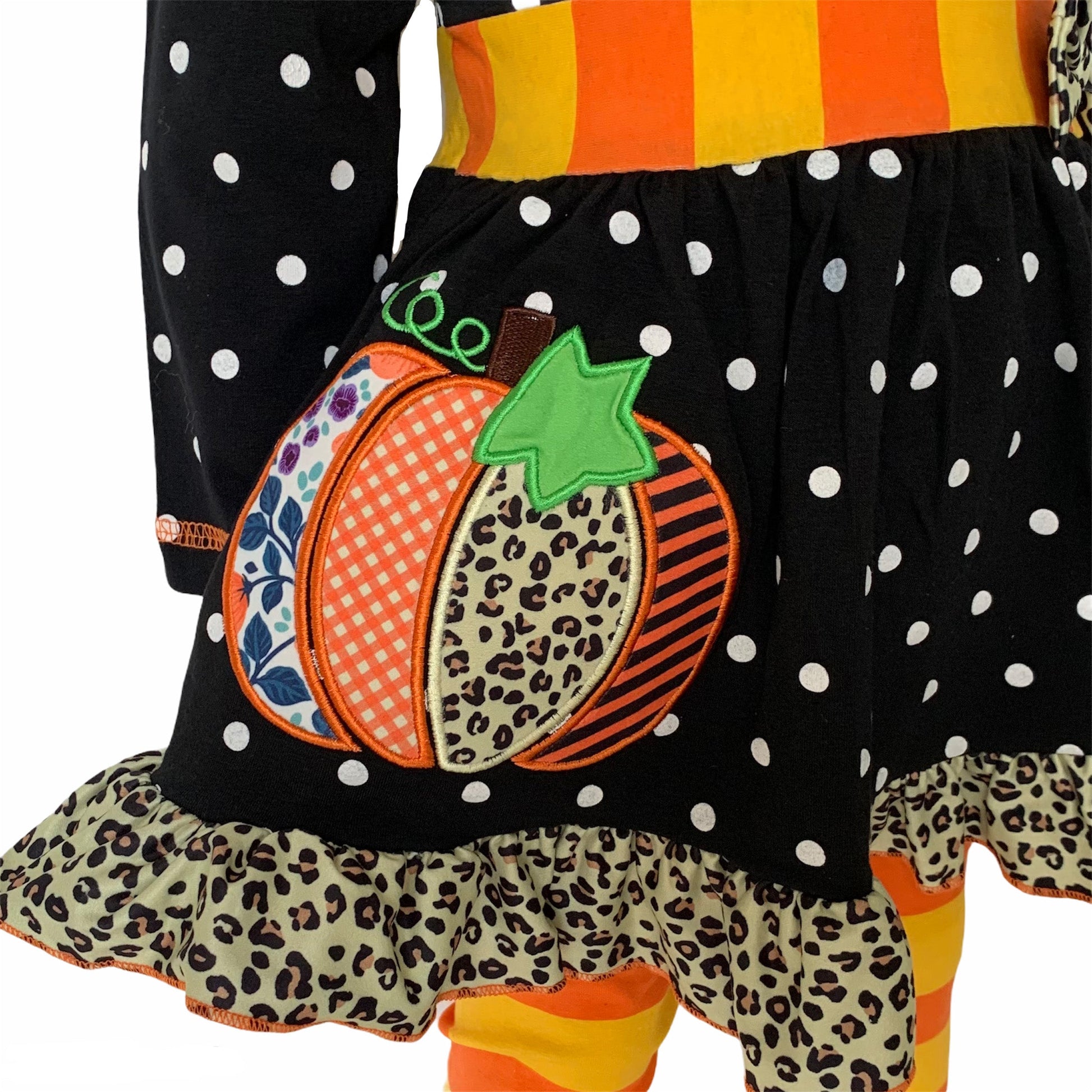 AnnLoren Girls Autumn Black Polka Dot Orange Pumpkin Dress & Leggings Outfit-AnnLoren-2-3T-Urbanheer