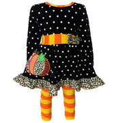 AnnLoren Girls Autumn Black Polka Dot Orange Pumpkin Dress & Leggings Outfit-AnnLoren-2-3T-Urbanheer