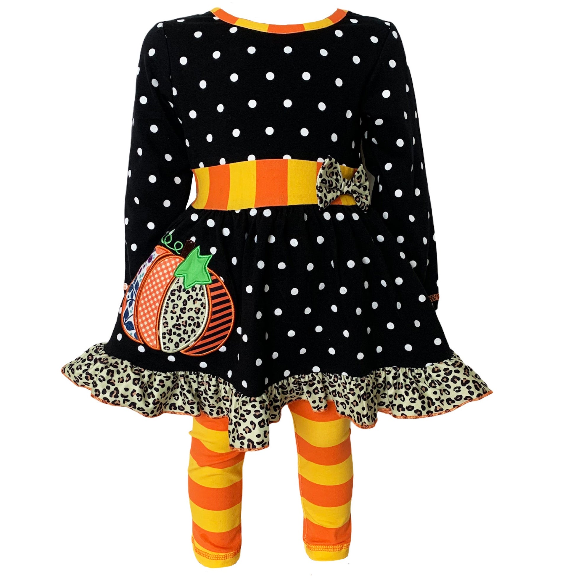 AnnLoren Girls Autumn Black Polka Dot Orange Pumpkin Dress & Leggings Outfit-AnnLoren-2-3T-Urbanheer