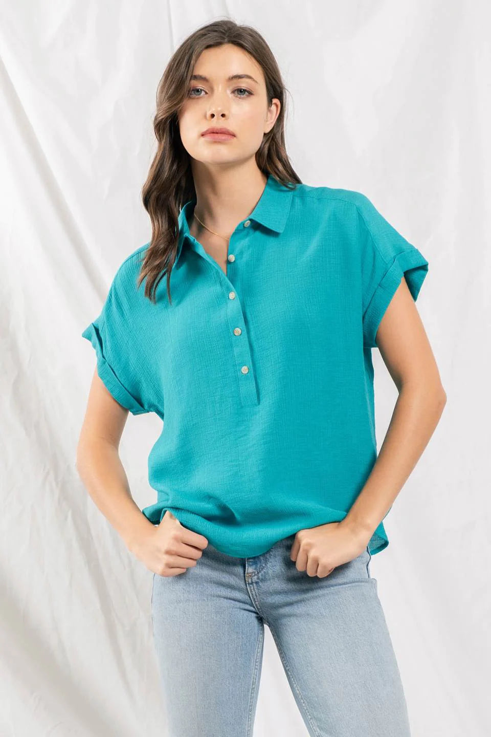 Mid Button Down Woven Top - Teal-Blu Pepper-S-Teal-Urbanheer