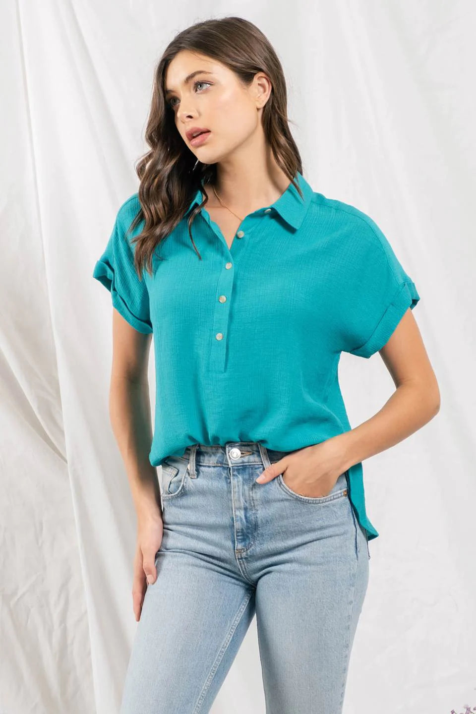 Mid Button Down Woven Top - Teal-Blu Pepper-S-Teal-Urbanheer