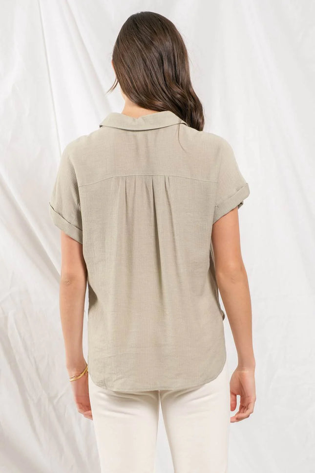 Mid Button Down Woven Top - Olive-Blu Pepper-Urbanheer