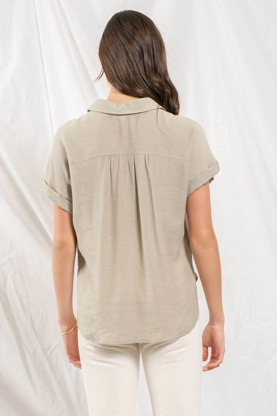 Mid Button Down Woven Top - Olive-Blu Pepper-S-Olive-Urbanheer