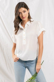 Mid Button Down Woven Top - White-Blu Pepper-S-White-Urbanheer