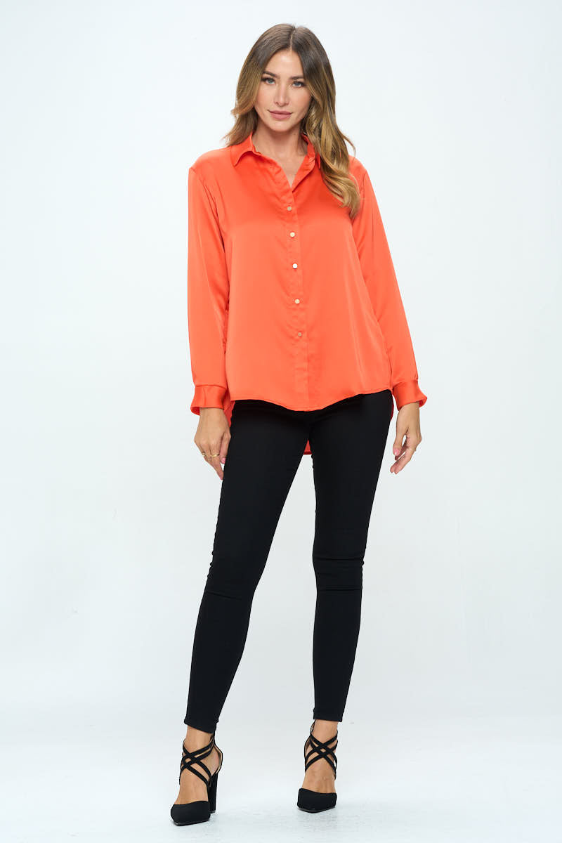 Stretch Satin V Neck Blouse With Collar-Renee C.-LARGE-ORANGE-Urbanheer